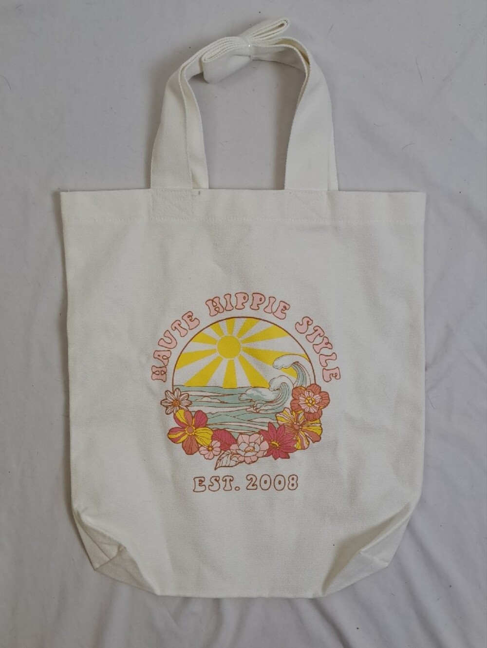 NWOT Haute Hippie Ivory Canvas Tote with Sun Floral Wave Graphic Coastal Boho